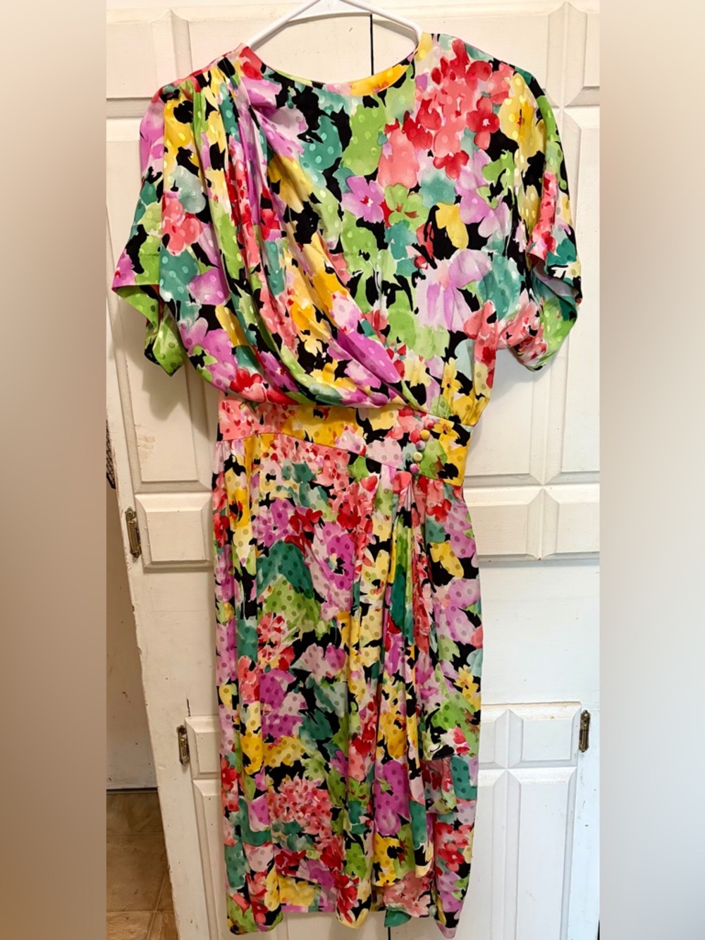 80s Maggy London Floral Surplice Midi Dress Colorful Art Deco Silk Women’s Sz 6